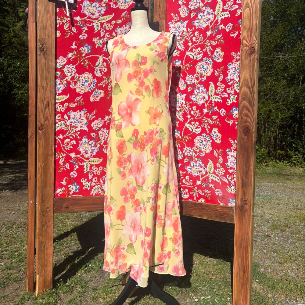 VTG 90's/ Early 2000's Butter Yellow Pink Floral Whimsy Jumper Dress Size L